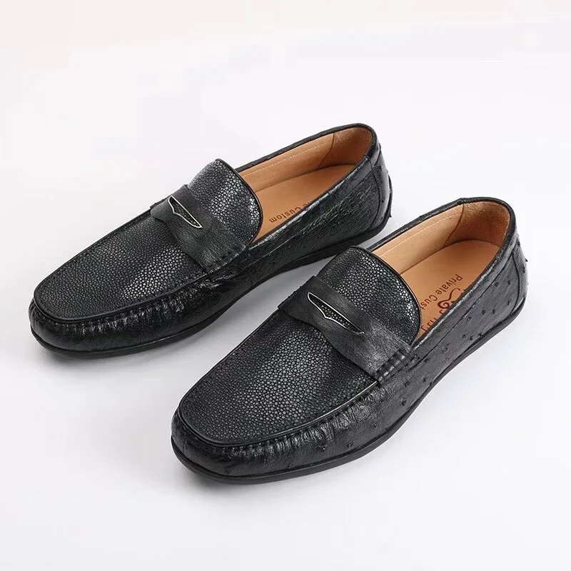 

Мокасины мужские из натуральной кожи страуса, натуральная экзотическая кожа, туфли на плоской подошве, мягкие лоферы, черные