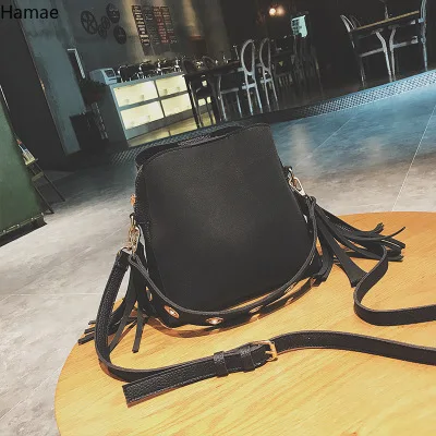 

Women Fashion Bucket Bag Vintage Tassel Messenger Bag Simple Solid Color PU Leather Suede Crossbody Female Rivet Shoulder Bag