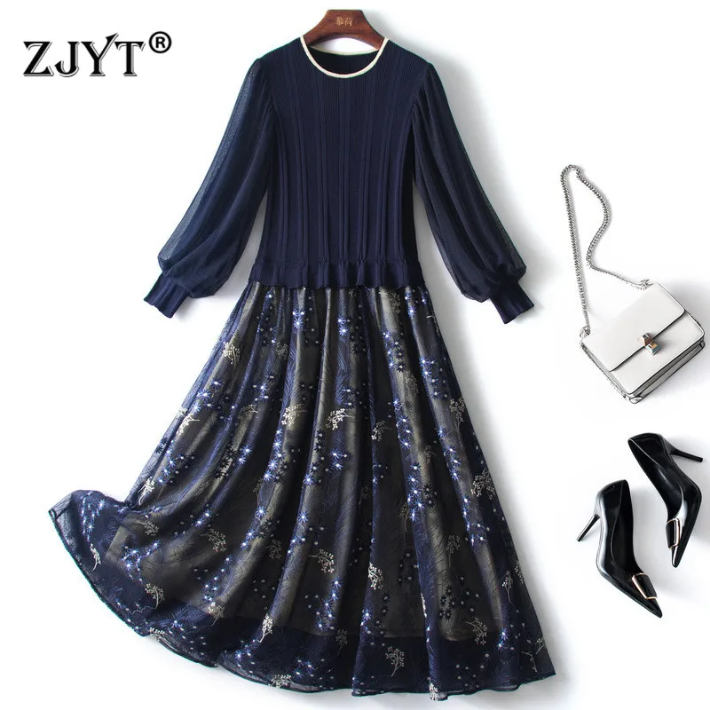 

Elegant Fashion Autumn Winter Knitwear Vestido Lantern Sleeve Mesh Patchwork Sweater Dress for Women 2021 Casual Robe Femme Blue