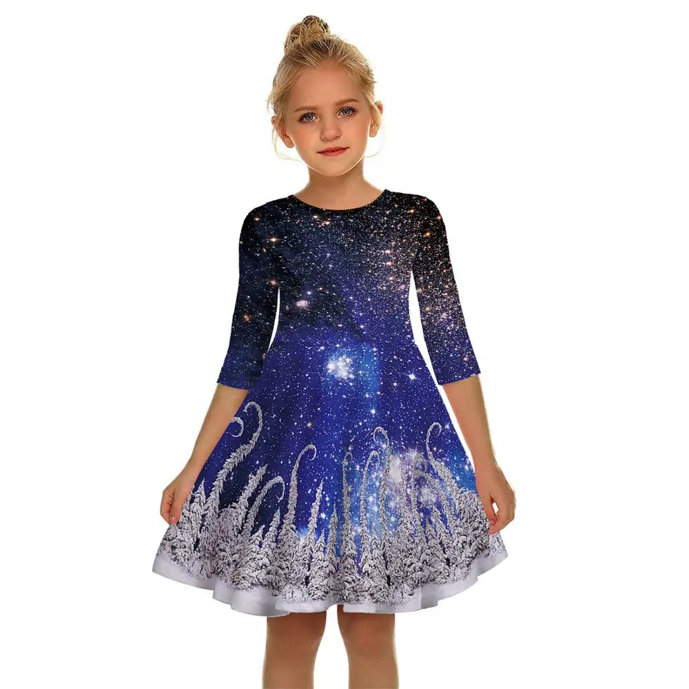 Рождественское платье для девочек с 3D принтом «космическая Галактика»; детское зимнее платье для девочек 10-12 лет; костюм принцессы; Рождественская одежда