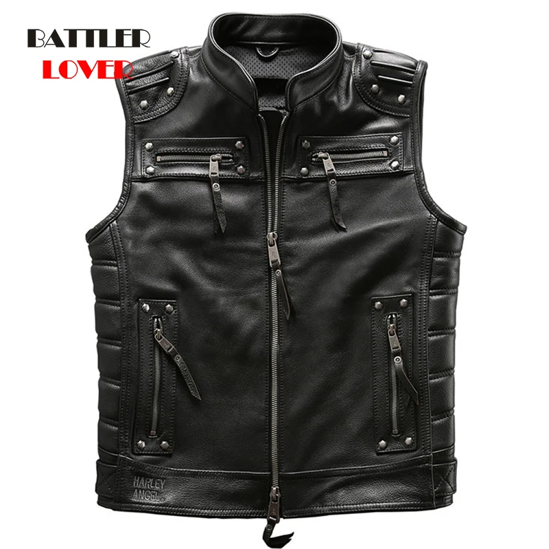 

Super Motor Rider Mens High Quality Genuine Cow Leather Vest for Male Cowhide Rivet Steampunk Motorcycle Vests Drop Shipping