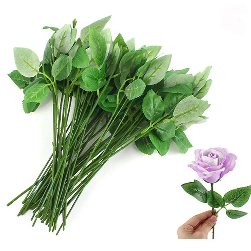 

50Pcs Soap Rose Flower Pole Iron Wire Green Leaf Vases For Home Decor Christmas Decorative Flowers Wreaths Valentine'S Day Gift