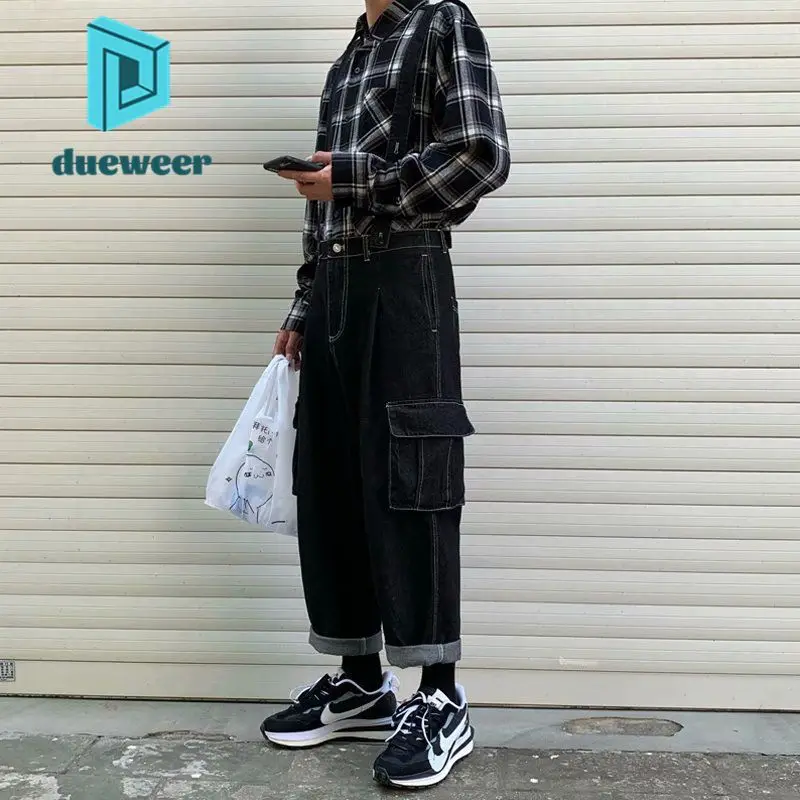 

DUEWEER Mens Wide Leg Jeans Overalls Loose Straight Leg One-Piece Harajuku Strap Suspenders Casual Distressed Black Denim Pants