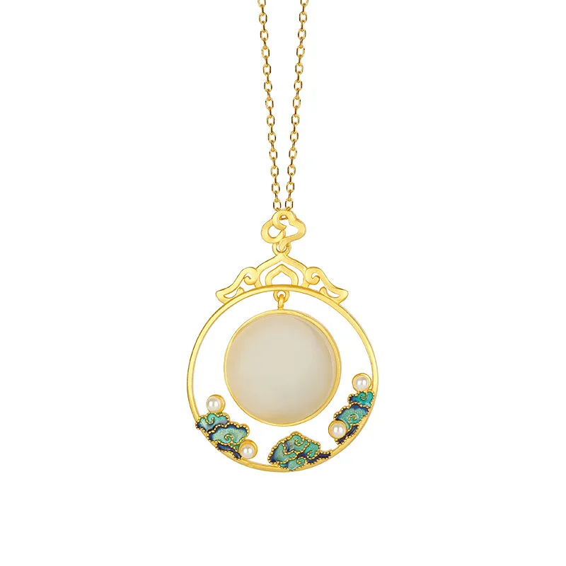 

UBESTNICE Vintage S925 Ancient Gold Plated Cloisonne Craft Round Pendant Necklaces For Women Natural Hetian Jade Fine Jewelry