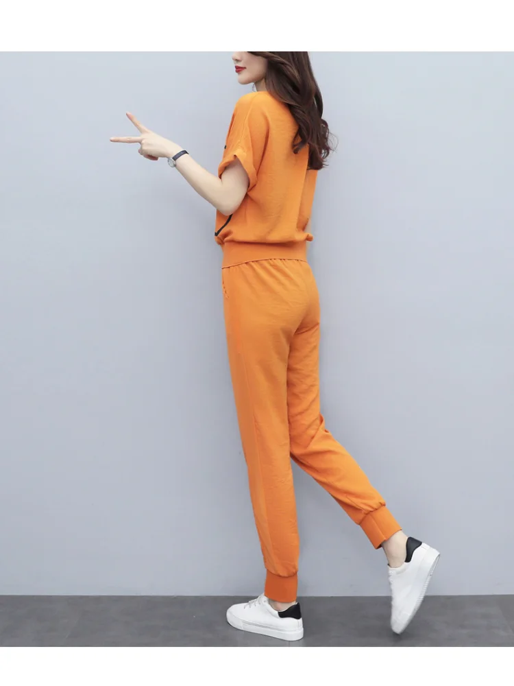 

Houthion Women Two Piece Set Print T Shirts and Pants Sets Summer V-neck Short Sleeve T-shirt + Pants Suits Loose Suit