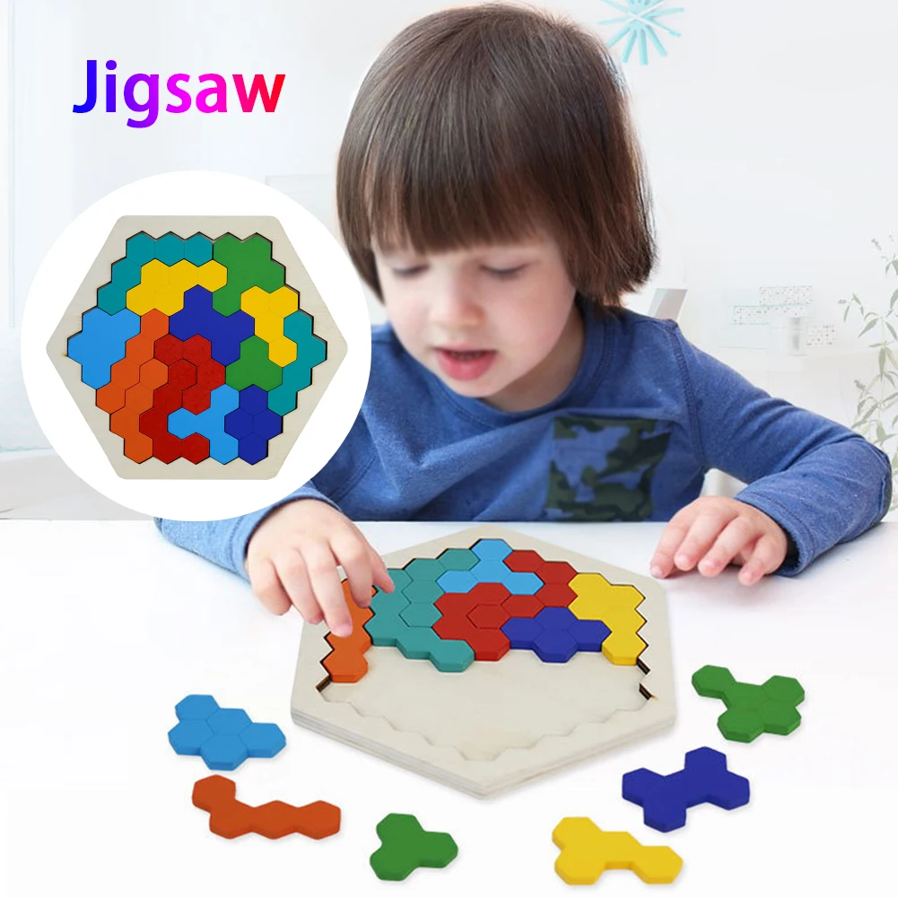

Jigsaw Toy Montessori Education Learning Wooden Hexagon Geometry IQ Game Block Brain Teaser Kids Adults Improve Intelligence