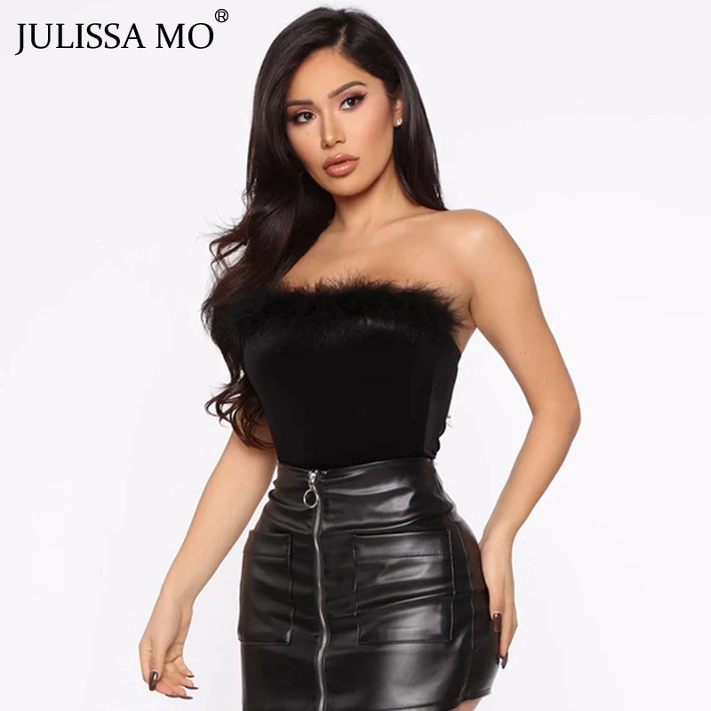 Julissa mo черное искусственное меховое перо Сексуальное Женское боди без рукавов с открытыми плечами женские бархатные без бретелек Клубные Вечерние боди