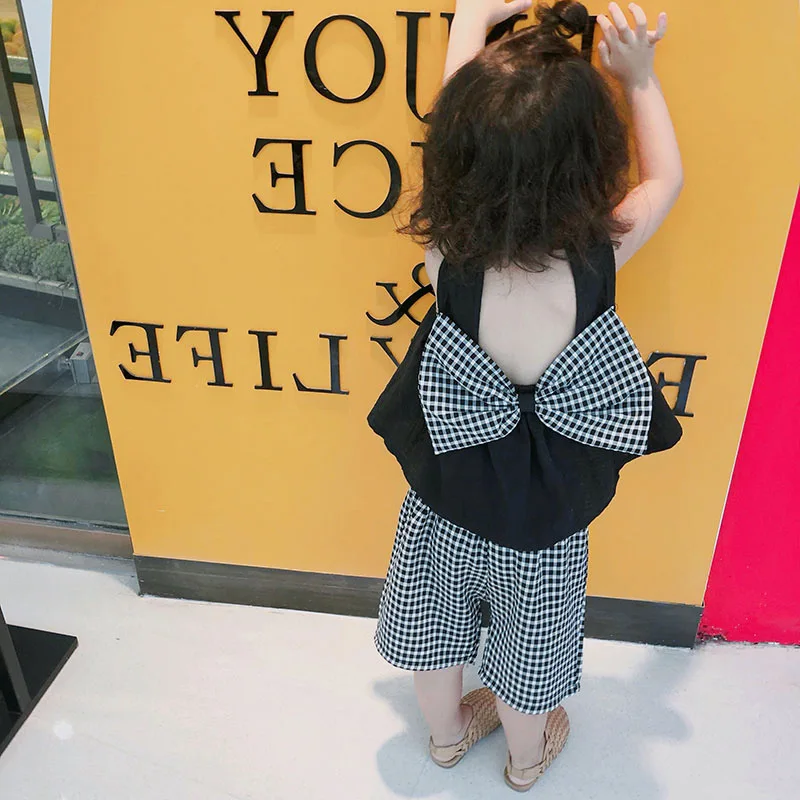 

Summer Girls Sweet Bowknot Set Children's Vest Top+Five-point Pants Two-piece Children's Wear