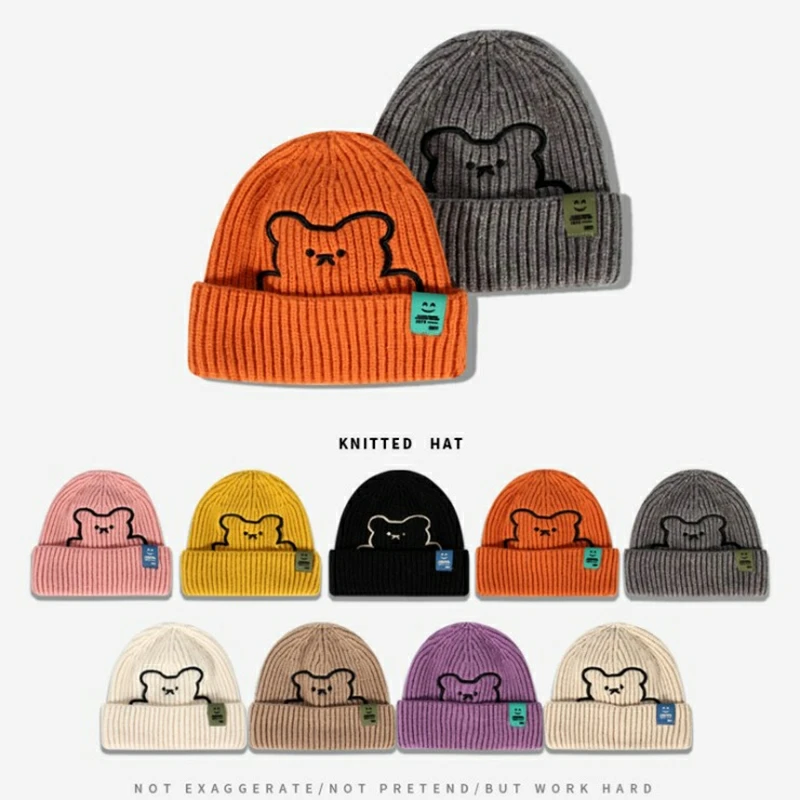 

2021 New Fashion All-match Girl Cute Bear Embroidery Woolen Hat Women Winter Thick Warm Knitted Hat Ear Protection Beanie