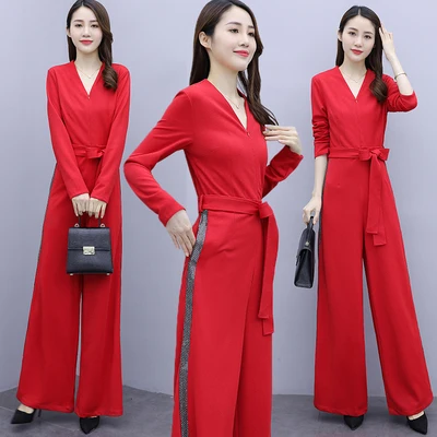 

Design Office Lady Rompers Womens Jumpsuit Long Sleeve Bodysuit Wide Leg Jumpsuits Sashes One Piece Pants Combinaison Femme