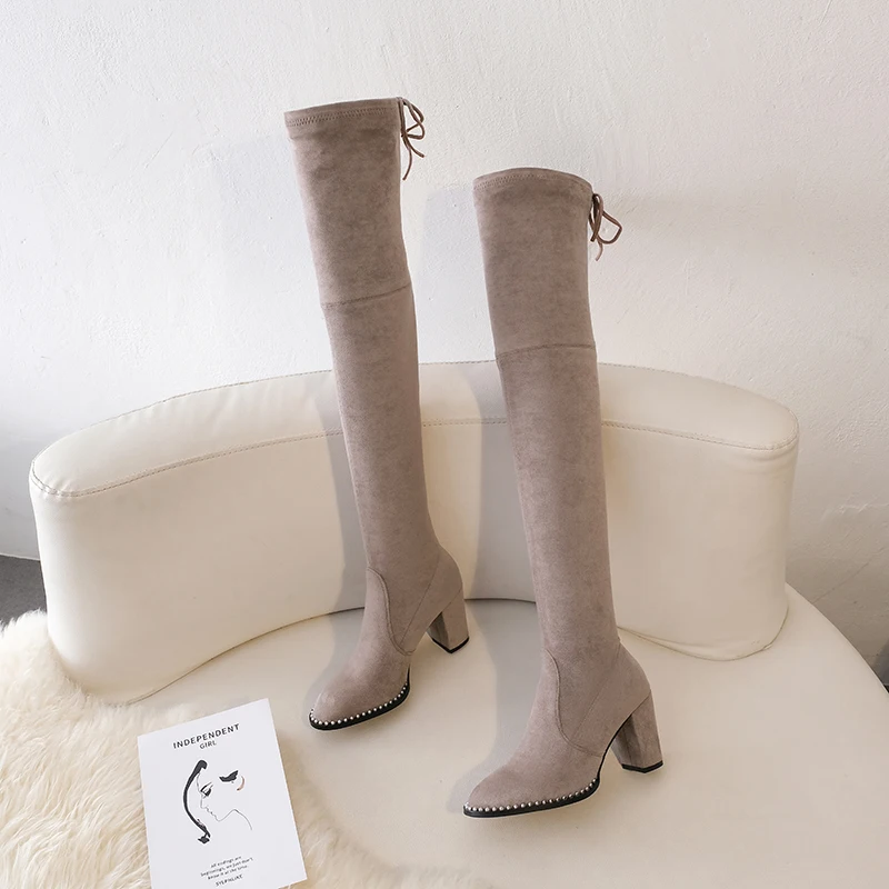 TXCNMB Women Over The Knee Boots Casual Round Toe Lace Up Ladies High Heel Suede Leather New Autumn Winter Shoes | Обувь