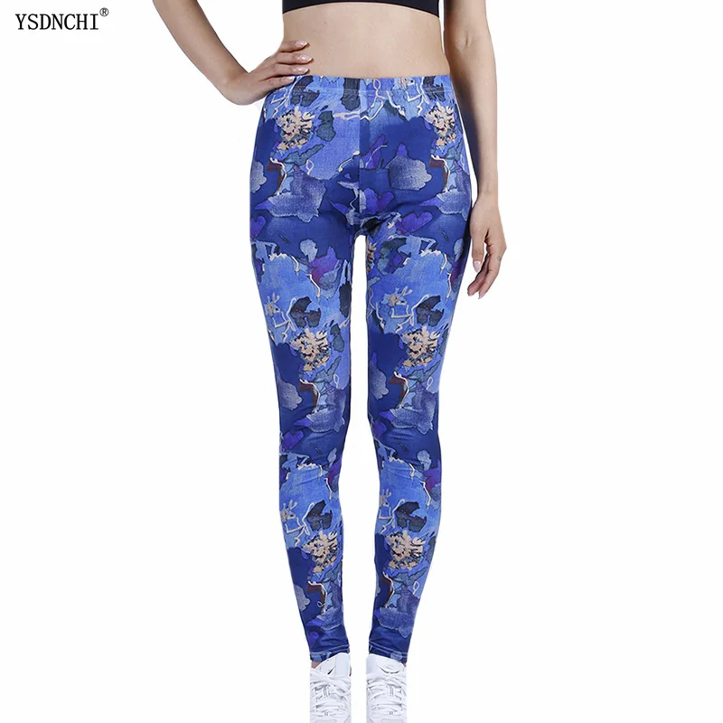 

YSDNCHI Fitness High Waist Women Yoga Pants Blue Flower Print Leggings Sports Workout Stretch Running Activewear Elastic Mujer