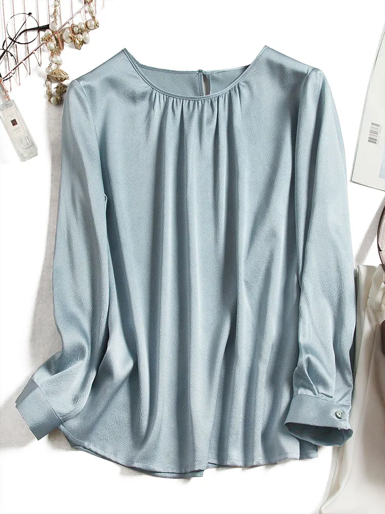 

Satin Office Lady Chemise Femme Manche Longue De Luxe Tunic with Long Sleeves Solid Blusas Manga Longa Feminina blue