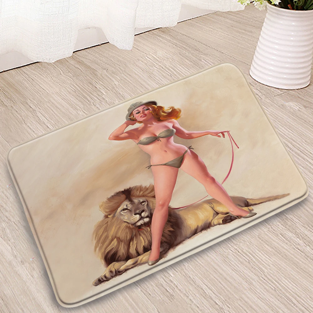 

Wild Animals Bathroom Mat Lions beautiful Woman Pattern Entrance Welcome Rugs Bedroom Kitchen Corridor Flannel Non-slip Carpets