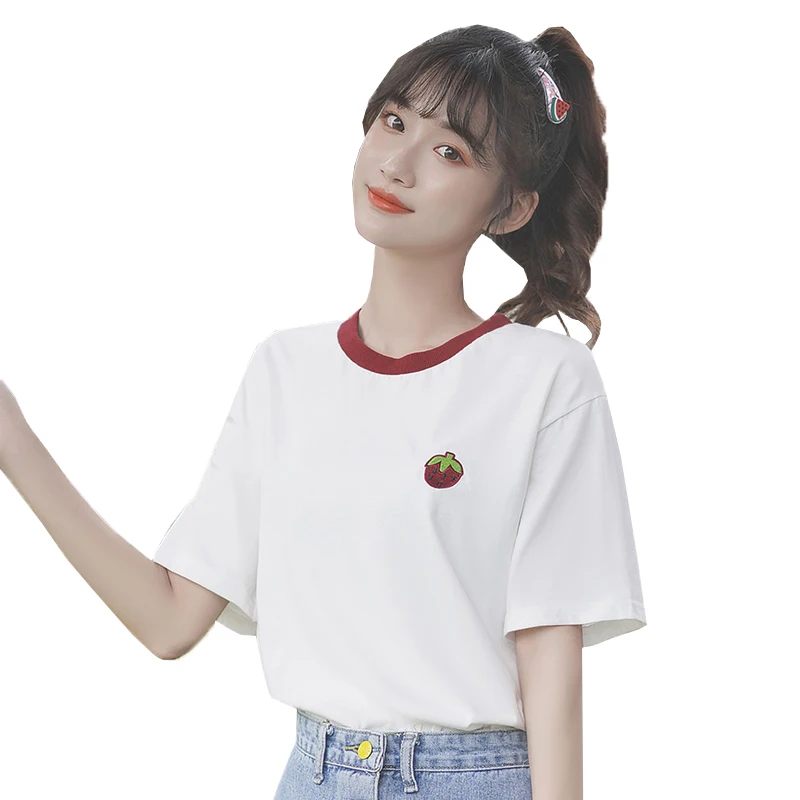 

Womens T-shirts Cute Strawberry Print Short Sleeve Crew Neck Casual Kawaii Casual Tops Tee For Girls