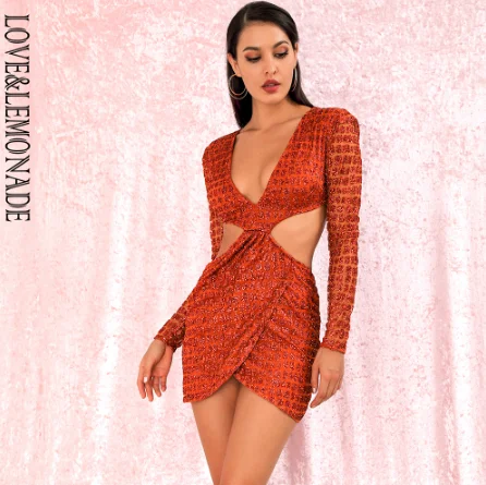 ORANGE LOVE&LEMONADE Сексуальный оранжевый Глубокий v-образный вырез с открытой спиной Крест Блестящий склеенный материал зауженный крой, для вечеринки платье LM82065-2 - Цвет: ORANGE