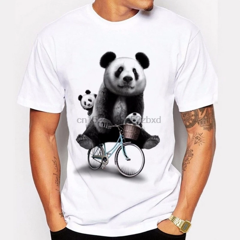 

Hot sales Hipster Fashion Men's Male Man Casual t-shirt Panda by bicycle print O-neck t-shirt O-neck Tee shirt Casual Cool Tee