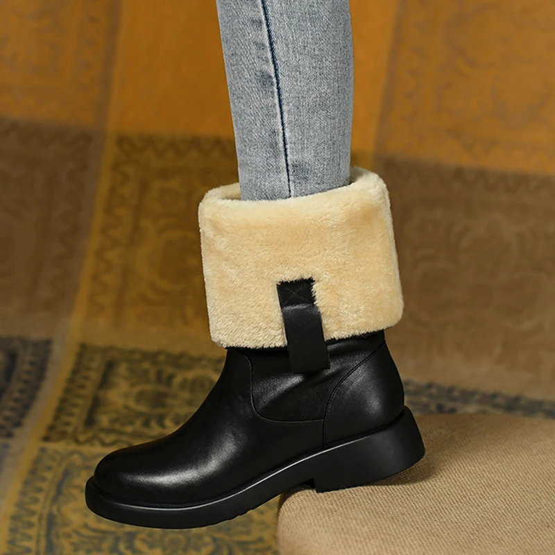 

Теплые зимние сапоги на низком каблуке и толстом меху, женские сапоги до середины икры из коровьей кожи, модная женская обувь на платформе