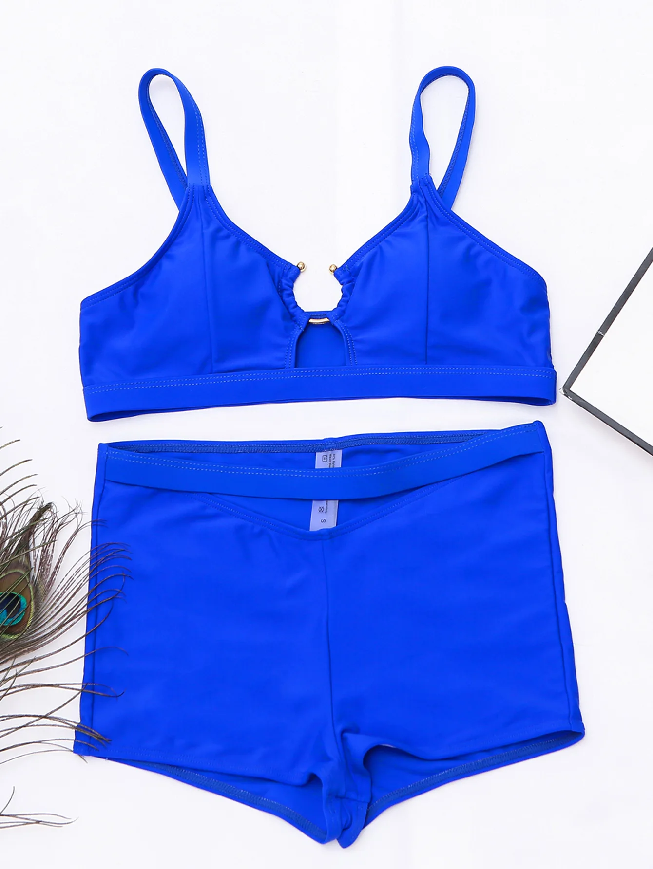Соблазнительный однотонный синий комплект бикини женский открытый купальник