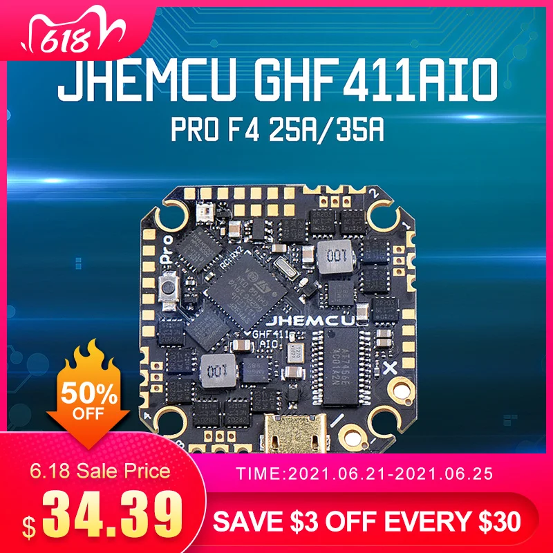 Контроллер полета JHEMCU GHF411AIO Pro F4 OSD w/Встроенный 25A / 35A BLheli_S 4in1 бесщеточный ESC для