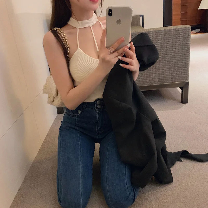 DEAT Women Black Hollow Sexy Tank Tops New Halter Collar Sleeveless Personality Slim Fit Fashion Tide Summer 2021 7D0703
