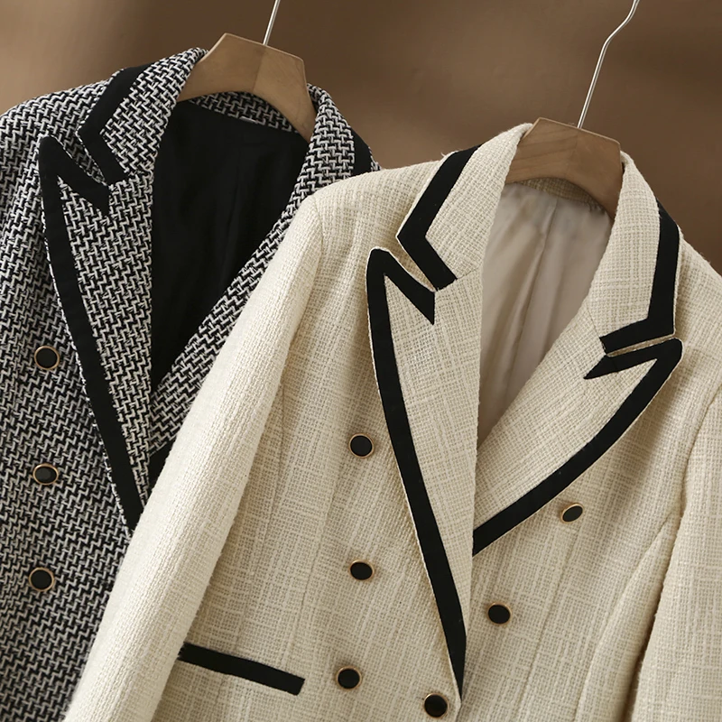 Женский твидовый Блейзер розовый двубортный пиджак с длинным рукавом верхняя