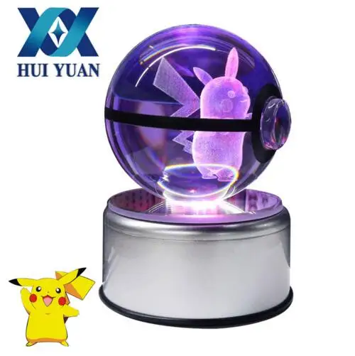 Pikachu 8 см драконовый 3D Хрустальный шар Pokemon Go светильник стеклянный шар гравировка круглый с черной линией светодиодный шар красочная база детский подарок - Цвет: Pikachu