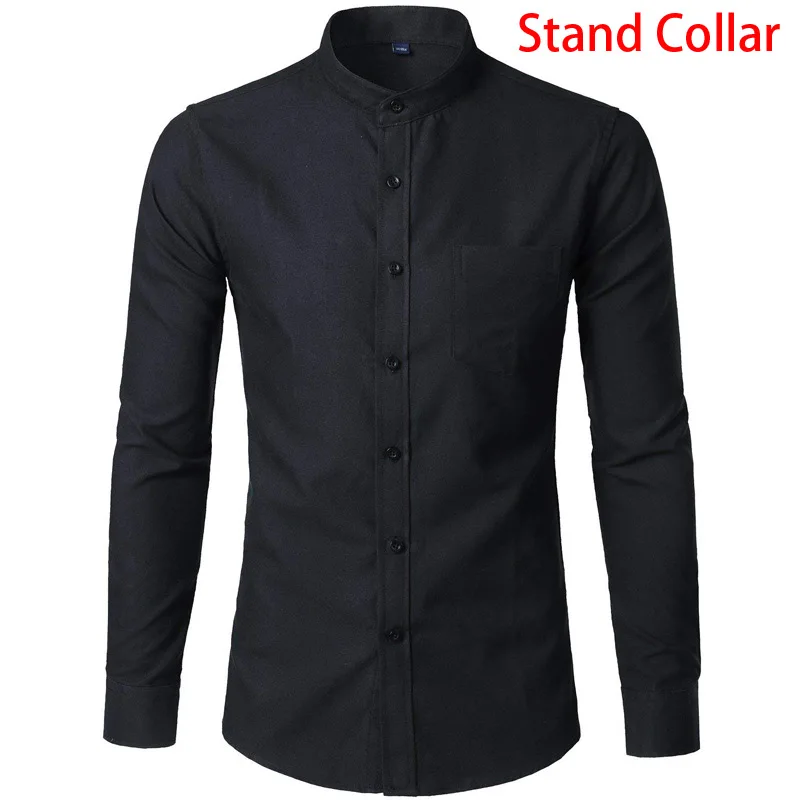 Black Stand Collar Оксфордская Хлопковая мужская рубашка, весна, повседневная приталенная Мужская рубашка со стоячим воротником, одноцветная рубашка с длинным рукавом для мужчин, армейский зеленый цвет - Цвет: Black Stand Collar