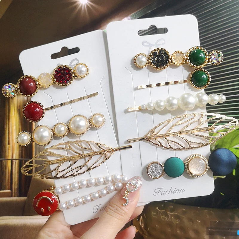 

2020 Vintage Leaf Hair Clips Pin Set Shiny Crystal Pearl Matte Hair Accessories For Women Girl New Gold Geometric Smile Headwear
