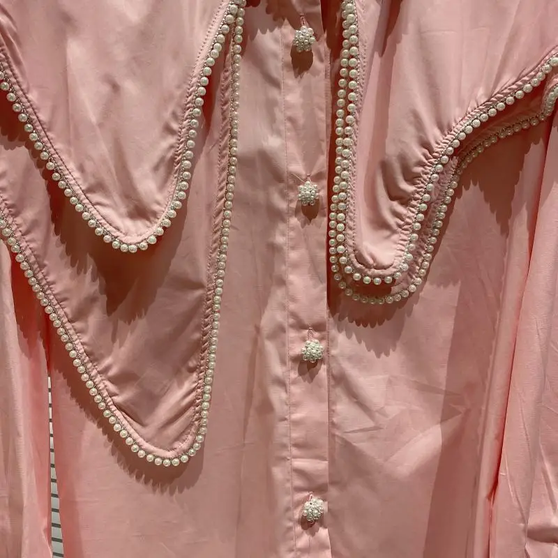 

20201 Spring Autumn Women Plain Blouse New Pearl Edge Turn-down Doll Collar Design Outerwear Shirt Female Long Sleeve Blusas Top