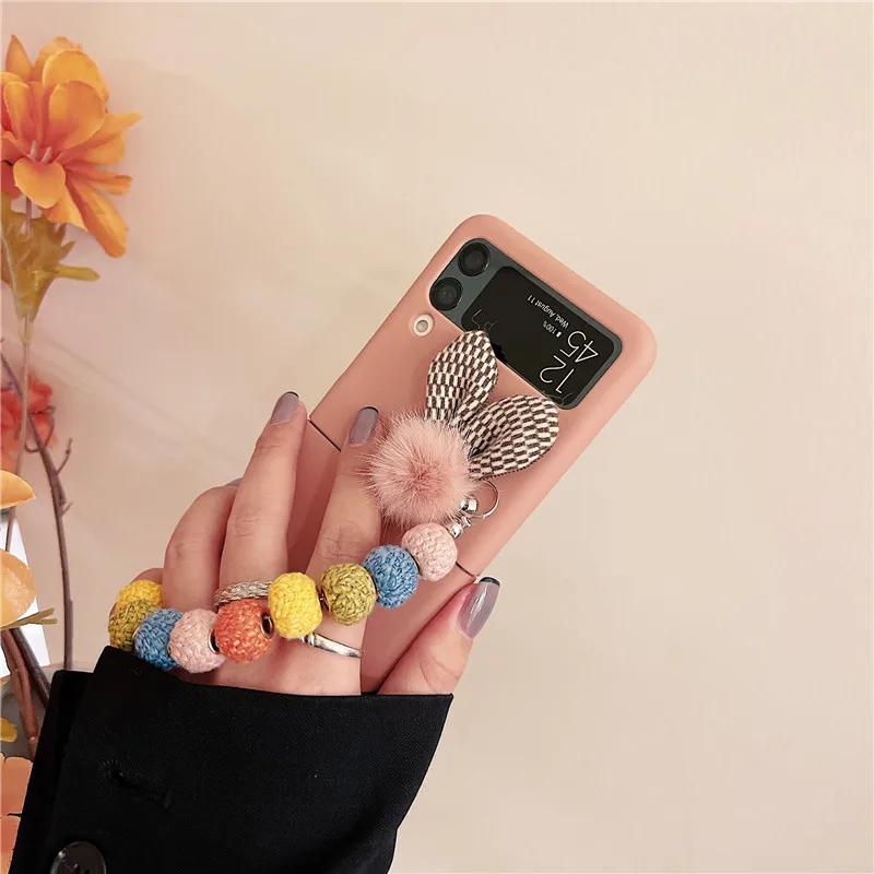 Роскошные чехлы для телефонов Samsung Galaxy Z Flip 3 милые пушистые уши с бусинами чехол