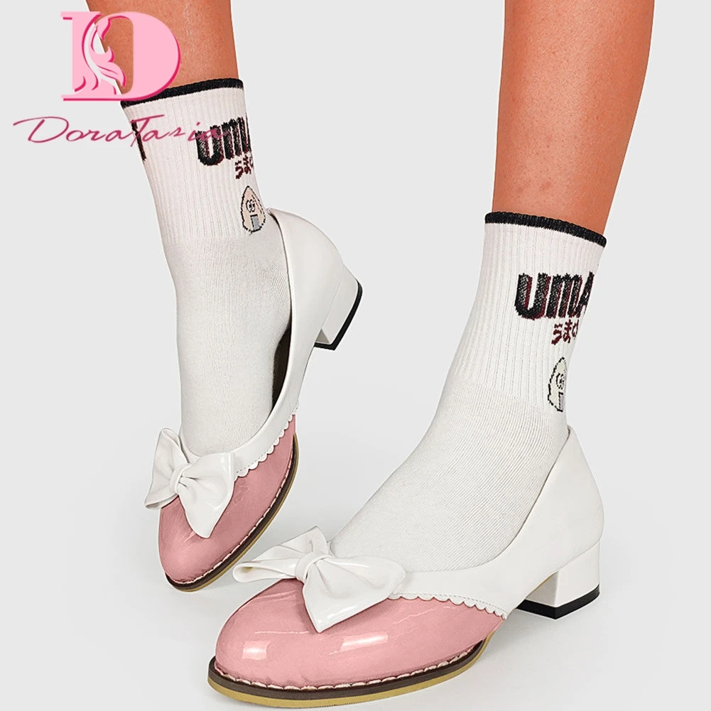 

DORATASIA New Fashion Ladies Sweet Cute PumPs Round Toe Chunky Heels Bowknot Pumps Women Casual Concise Elegant Shoes Woman