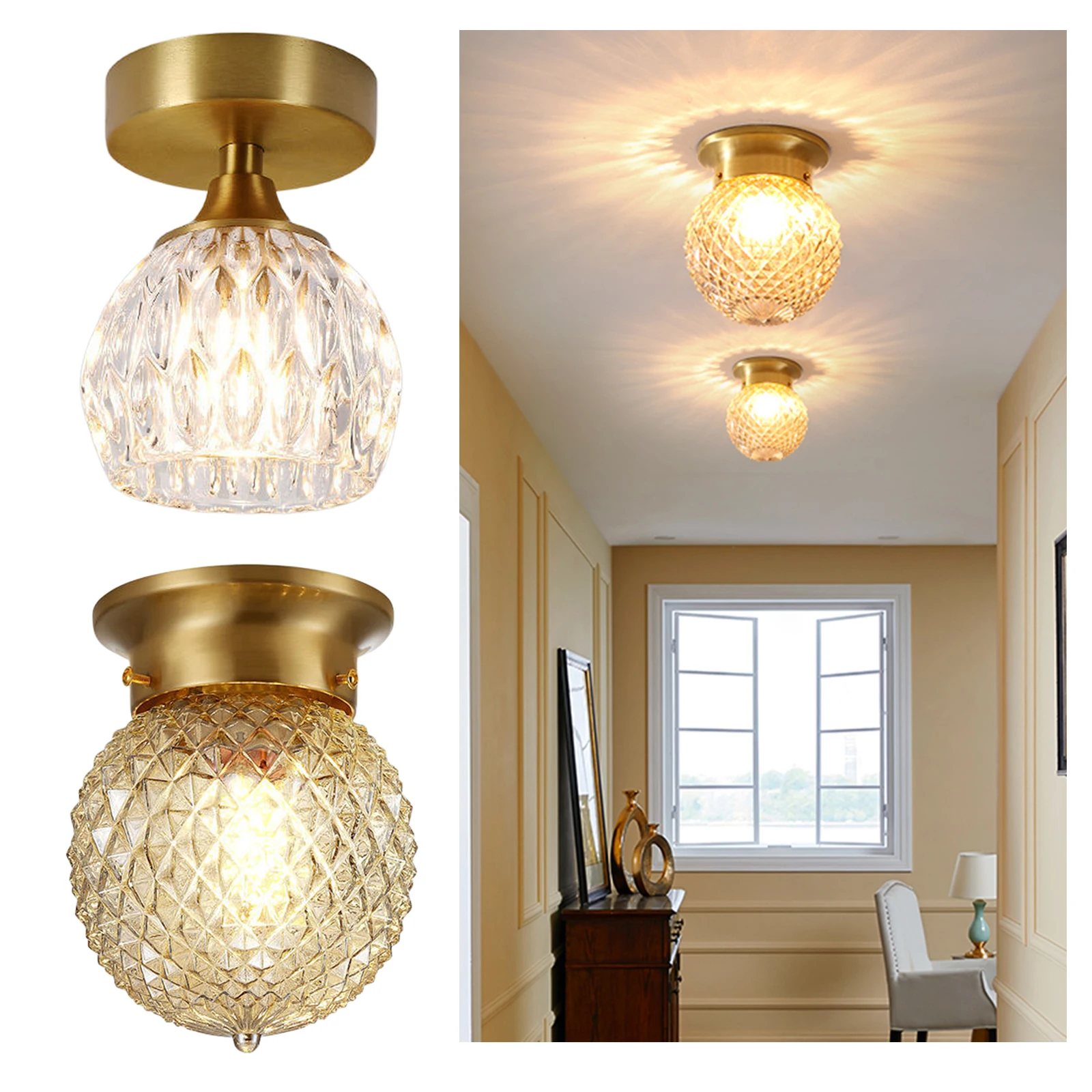 

Copper Semi Flush Mount Ceiling Light Glass Shade E27 Base LED Bulb Not Included Lighting Lamp for Hallway Cafe Bar