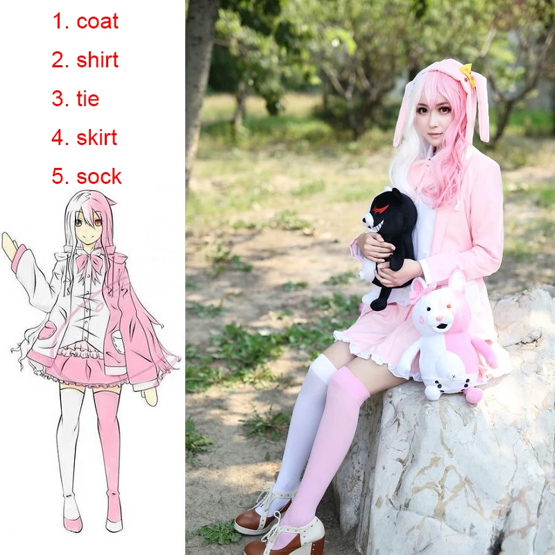 Аниме данганронпа 2 Danganronpa 2 Goodbye despair Косплей Костюм мономи Униформа розовый белый наряд женское платье(пальто рубашка юбка с галстуком носки
