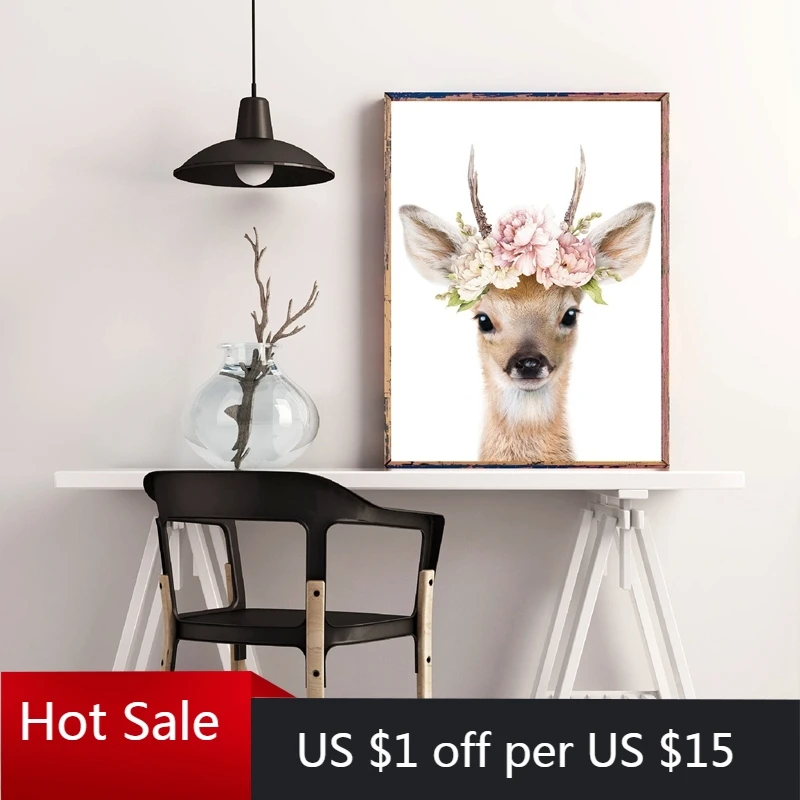 Настенный декор для детской комнаты с оленем животные розовые цветы