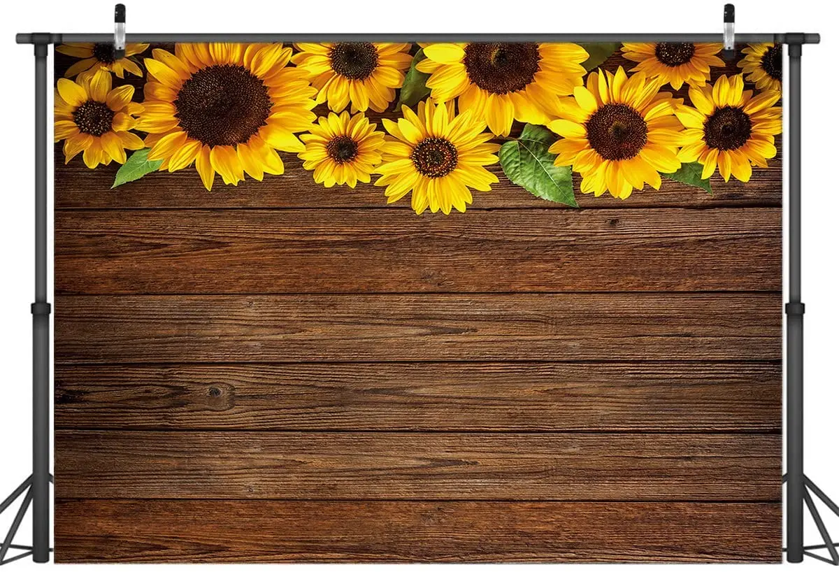 Fondo de fotograf&iacute;a de girasoles de madera marr&oacute;n, cartel de decoraci&oacute;n de ba&ntilde;o para ni&ntilde;os, Fondo de fiesta de cumplea&ntilde;os-1