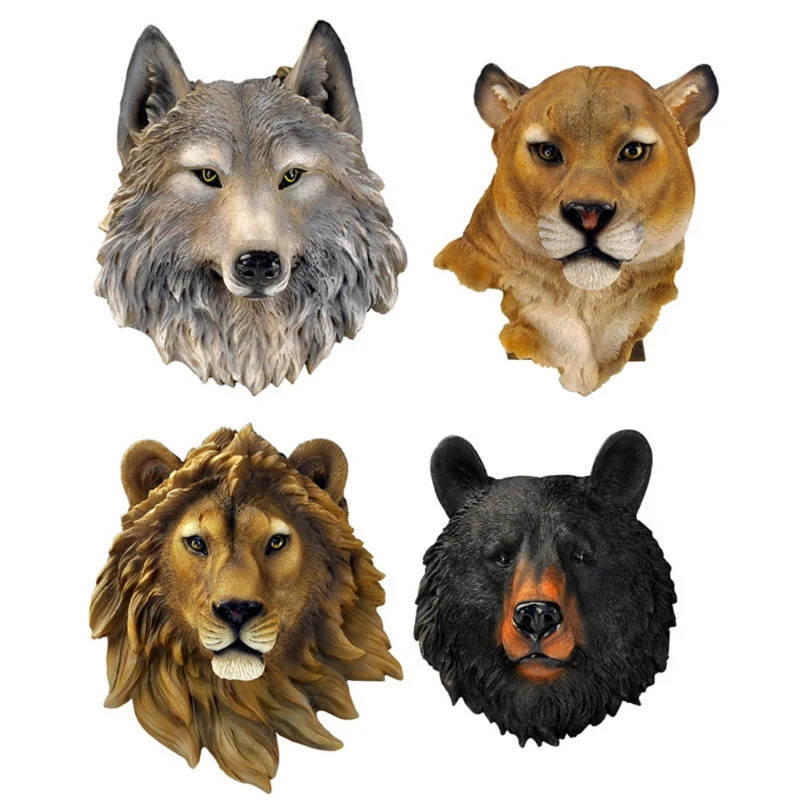 

3D Animal Head Wall Hanging Resin Decoration Wolf Tiger Leopard Lion Bear Mural Wildlife Sculpture Figurines Sculptures