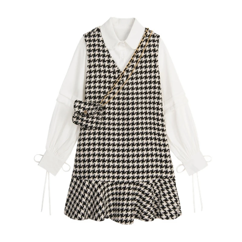 

PERHAPS U Women Black White Sleeveless Dress With Shirt Turn Down Collar 2 Pieces Set Elegant Winter Houndtooth With Bag T0454