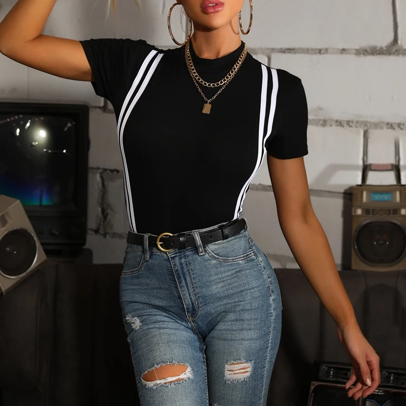 

Women'S Summer Striped Half High Neck Short Sleeve Bodysuit