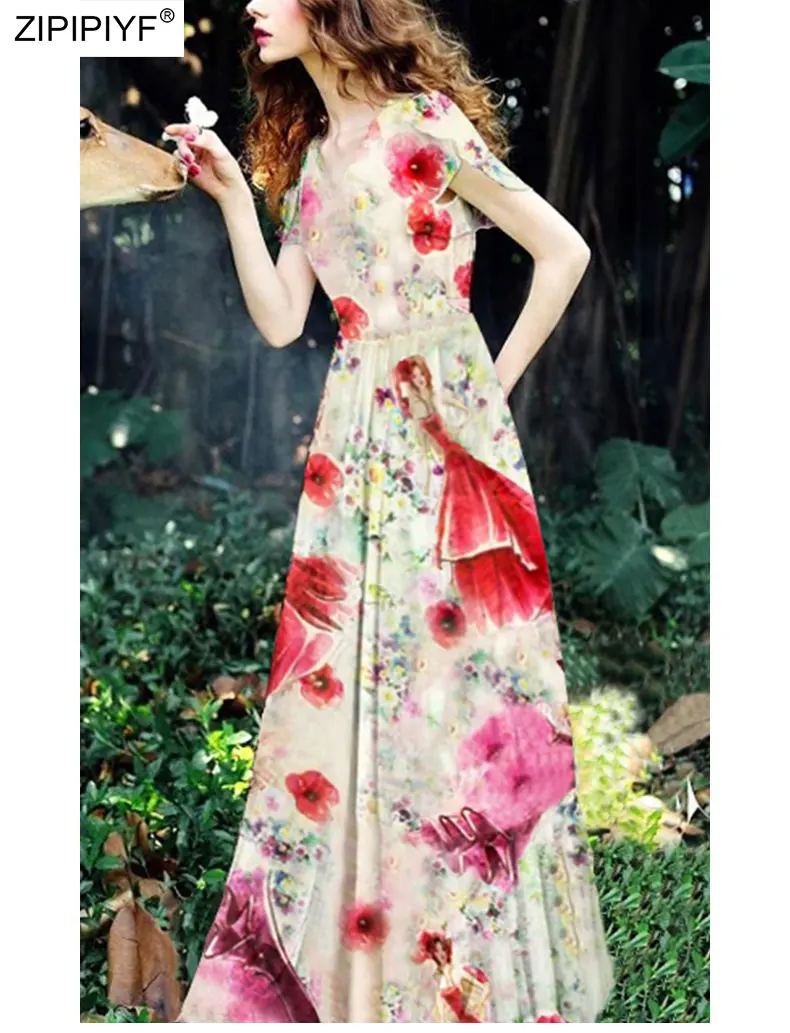 

2021 Summer Runway Fashion Elagant Women V Neck Short Sleeve High Waist Bohemian Style Ball Gown Floral Pattern Maxi Dress Z399