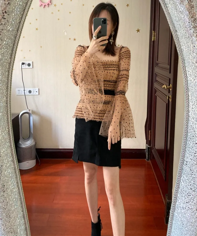 2020 весна лето женская Высококачественная рубашка в горошек с расклешенными