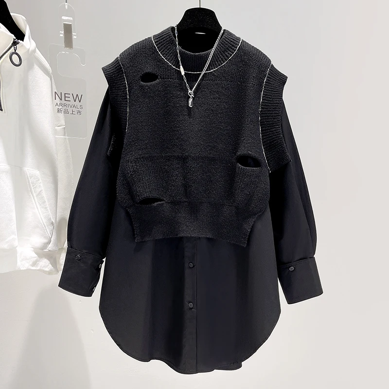 

SuperAen поддельные две рубашки 2021 Осень новинка осень зима средней длины свободные сплайсинга О-образным вырезом повседневные женские топы