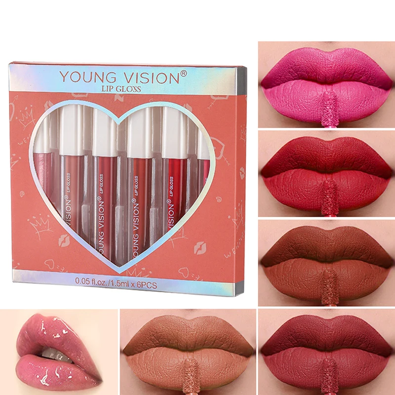 

6 Colors/set Sexy Women Lipstick Waterproof Long Lasting Moist Lip Gloss Vivid Lipgloss Matte Lip Glaze Women Makeup