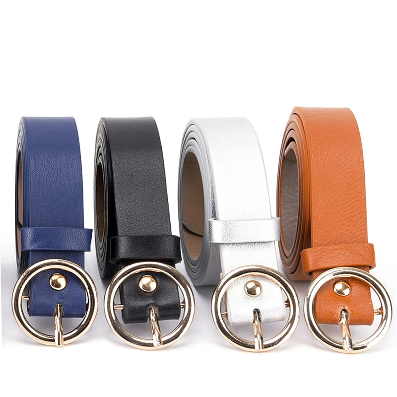 Ремень из искусственной кожи Женский круглый металлический пояс чёрный/Белый