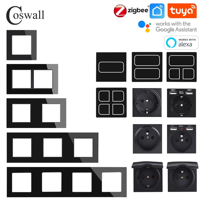 COSWALL черная стеклянная панель Zigbee 3,0 Tuya 1/2/3/4 кнопочный переключатель с обычной Европейской розеткой USB зарядное устройство ТВ RJ45 модули сделай сам
