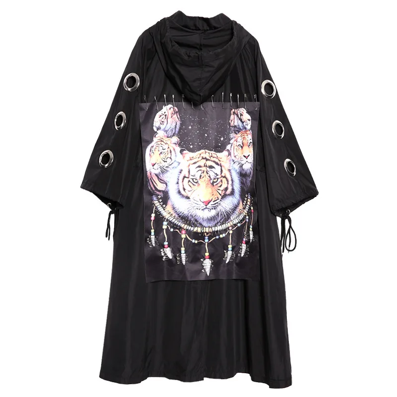 

2021 Hooded Windbreaker Korean Ladies 3d Tiger Punk Womens Long Black Trench Vintage Hooded Rain Fashion Coat Veste Longue Femme