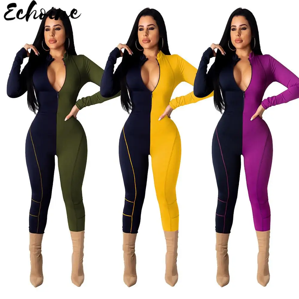 

Echoine Women Sexy Slim Patchwork Front Zipper Jumpsuit Casual Long Sleeve Tight Pants Leggings Jumpsuit Romper Sportswear