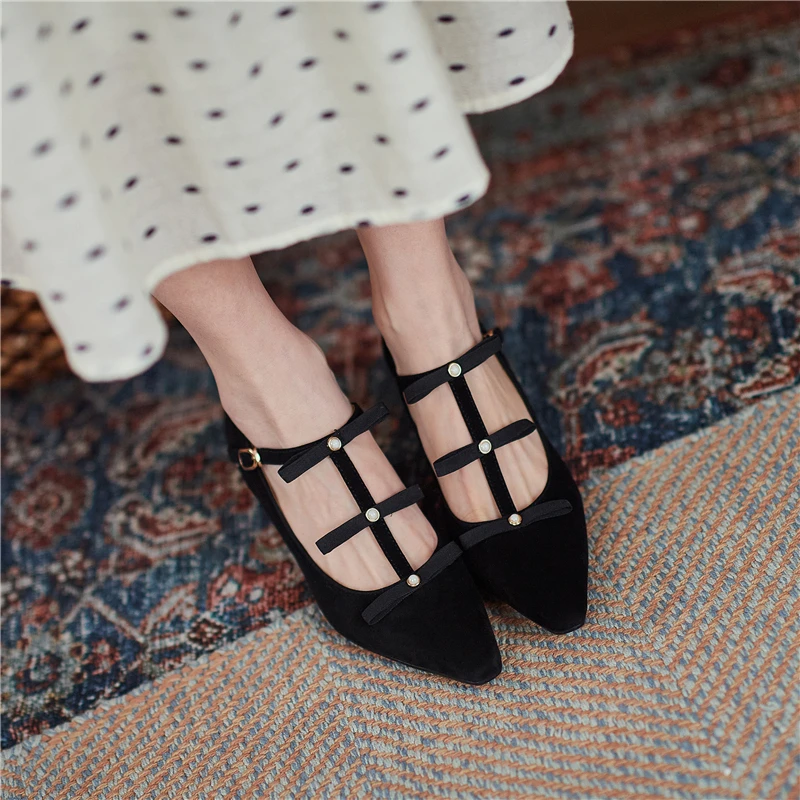 

VERCONAS Pointed Toe Pearl Butterfly-Knot T-Strap Women Pumps Casual Cow Suede High Heels Spring Shoes Woman 2021 New Arrival