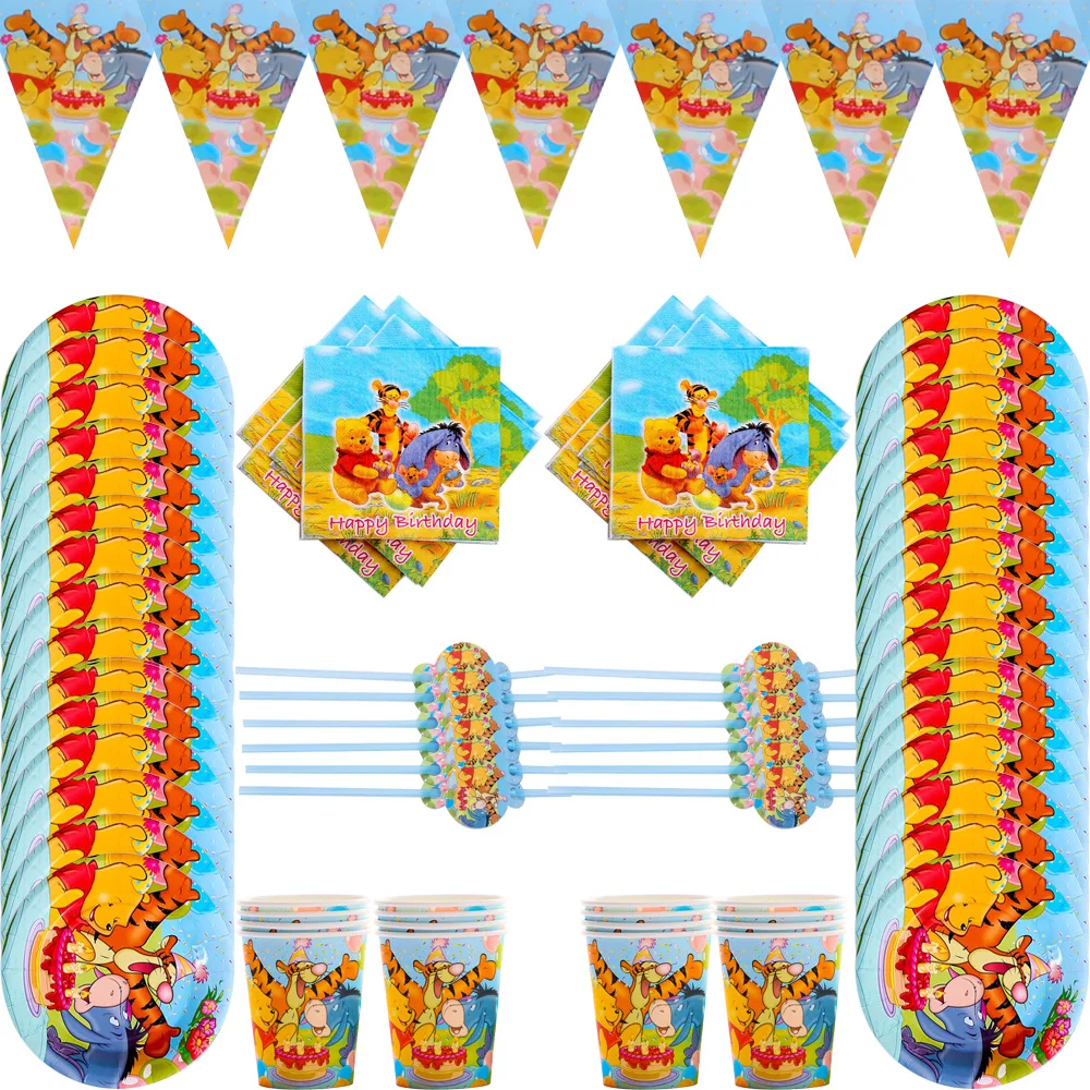 

57pcs/lot Diseny Winnie pooh birthday party tableware set plate Napkin Cups Flag straw Kids Favor Boys Party Decoration