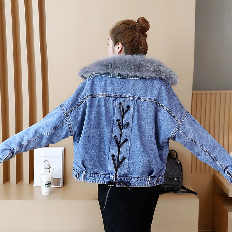 Меховая джинсовая куртка с воротником из лисьего меха Женская свободная осенняя